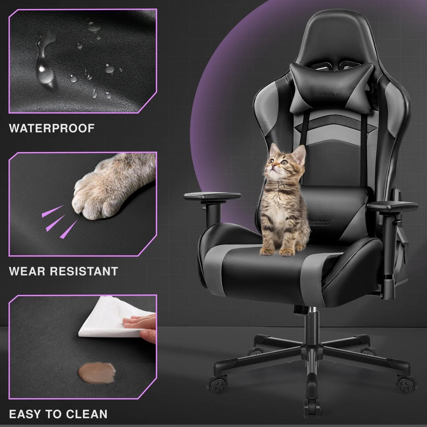 Gaming chair PU leather adjustable in multiple directions, with lumbar support and headrest, ergonomic, black-gray
