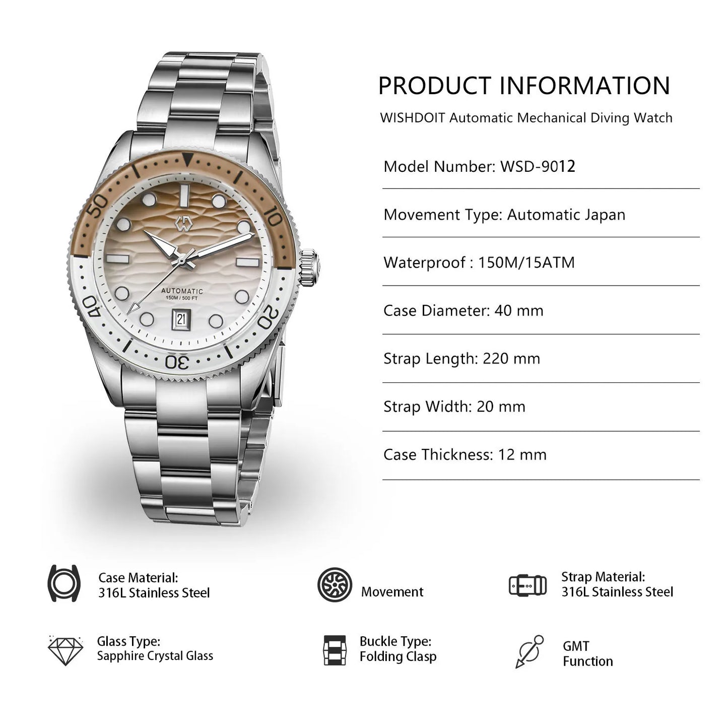 40mm Diver Watch Texture Men's Watches Automatic Mechanical Sapphire Waterproof 150 Meters Luminous Comes With Rubber Strap