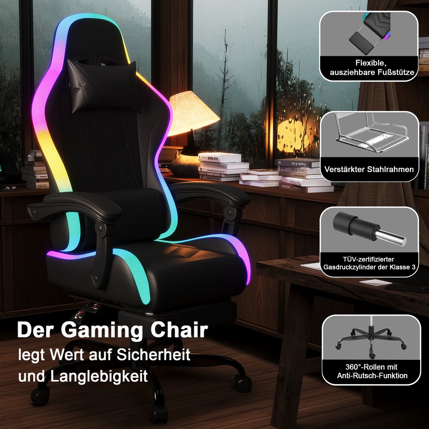 Devoko fabric gaming chair with LED lighting Comfortable ergonomic design with footrest and height adjustable headrest