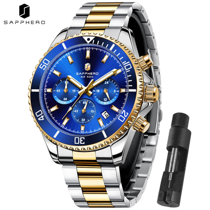 SAPPHERO Men’s Quartz Watch Luxury Chronograph Sport Wristwatch Stainless Steel Waterproof 50M Date Luminous Business Watch