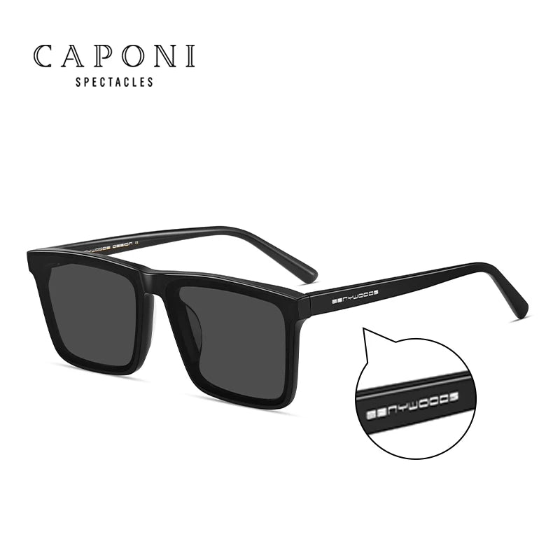 Ochelari de soare polarizați CAPONI din nailon, cu rame din acetat, design pătrat și plat, pentru bărbați, protecție UV400, lentile negre CP7499