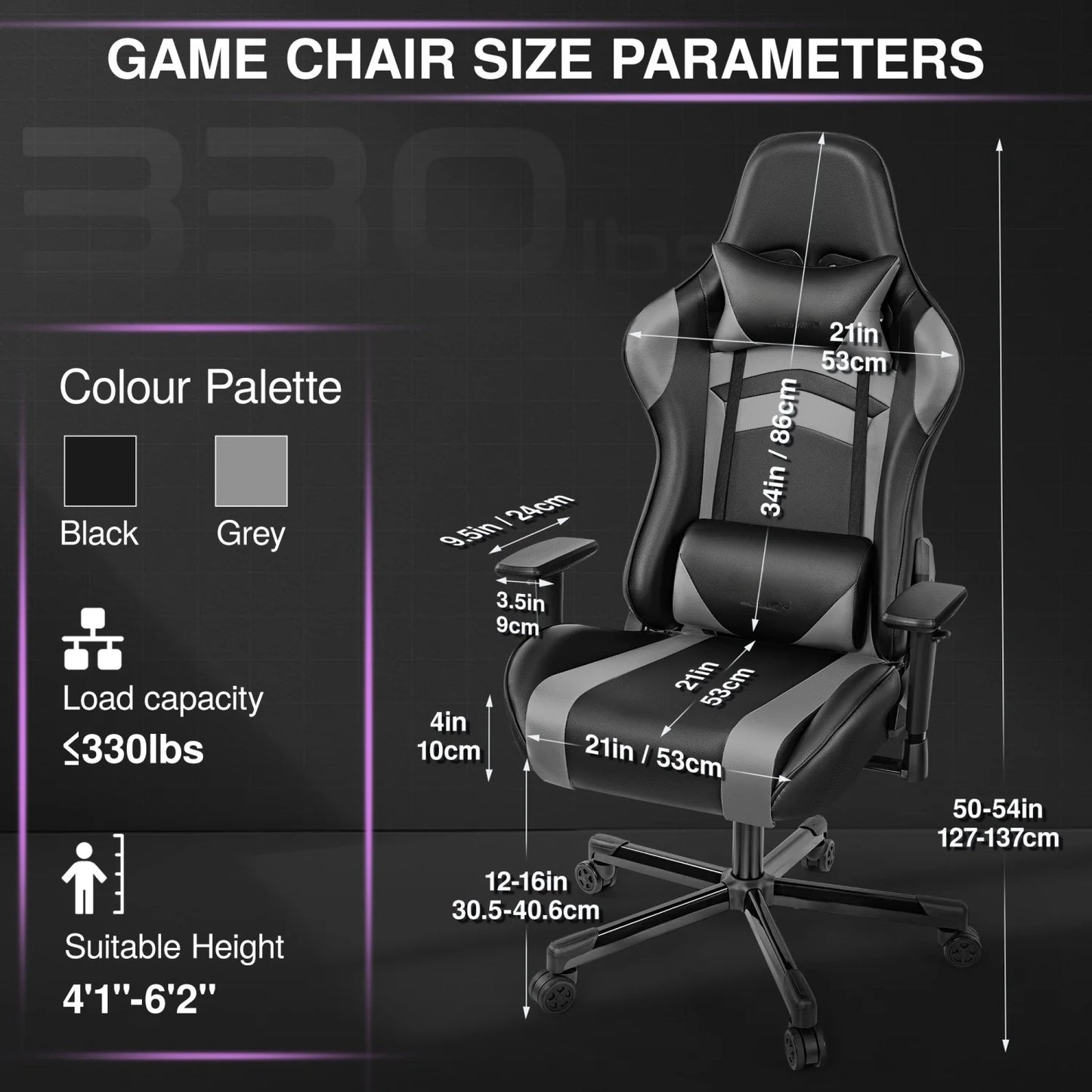 Gaming chair PU leather adjustable in multiple directions, with lumbar support and headrest, ergonomic, black-gray