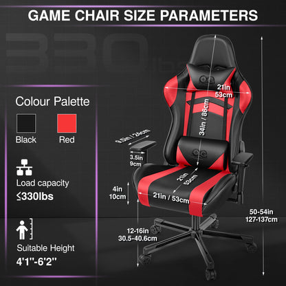 Gaming Chair, Ergonomic, PU Leather, Adjustable Armrests, Waterproof, Max 150kg, Black/Red