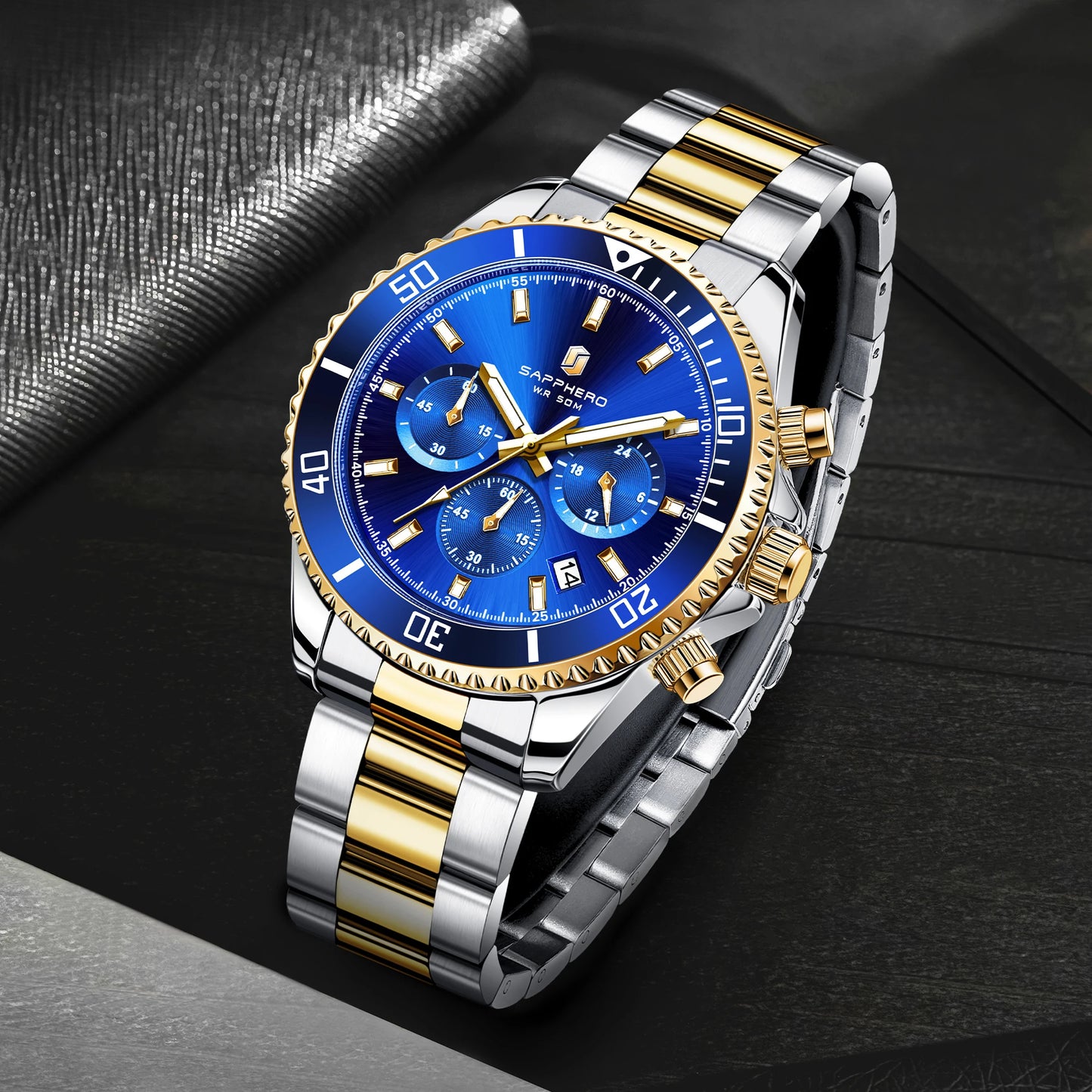 SAPPHERO Men’s Quartz Watch Luxury Chronograph Sport Wristwatch Stainless Steel Waterproof 50M Date Luminous Business Watch