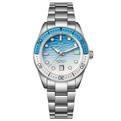 WISHDOIT Men's Automatic Dive Watch With Ocean Blue And White Ripple Dial 8215 Movement Sapphire Glass Mirror