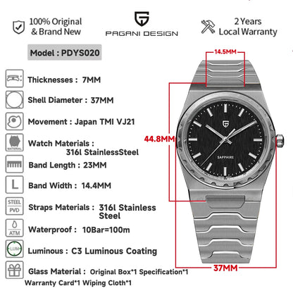 PAGANI DESIGN 2025 new thin 7MM men's quartz watch VJ21 37MM sapphire stainless steel waterproof 10Bar luminous C3 reloj hombre