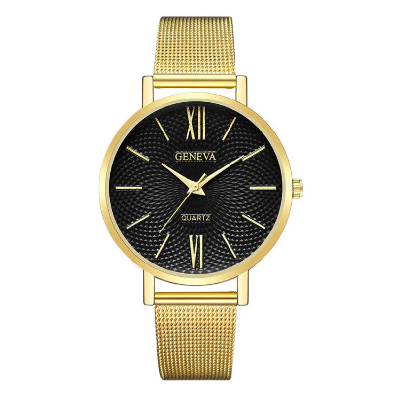2021 New Geneva Watch Women Black Watches Stainless Steel Mesh Band Quartz Wristwatches Casual Ladies Watches Cheap Price