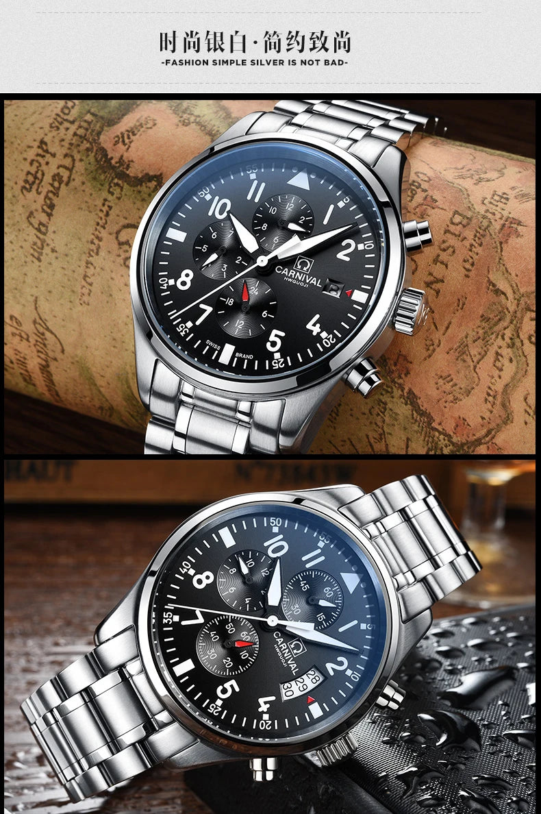 Chronograph luminous military running sport full steel men stopwatch genuine leather strap luxury brand watches sapphire reloj