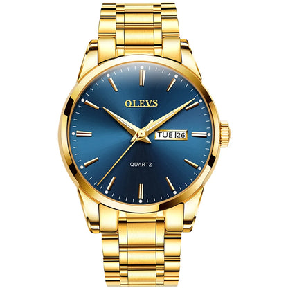 Reloj para hombre OLEVS: reloj de pulsera de cuarzo de acero inoxidable, resistente al agua, dorado, elegante y luminoso, accesorio de lujo para hombre