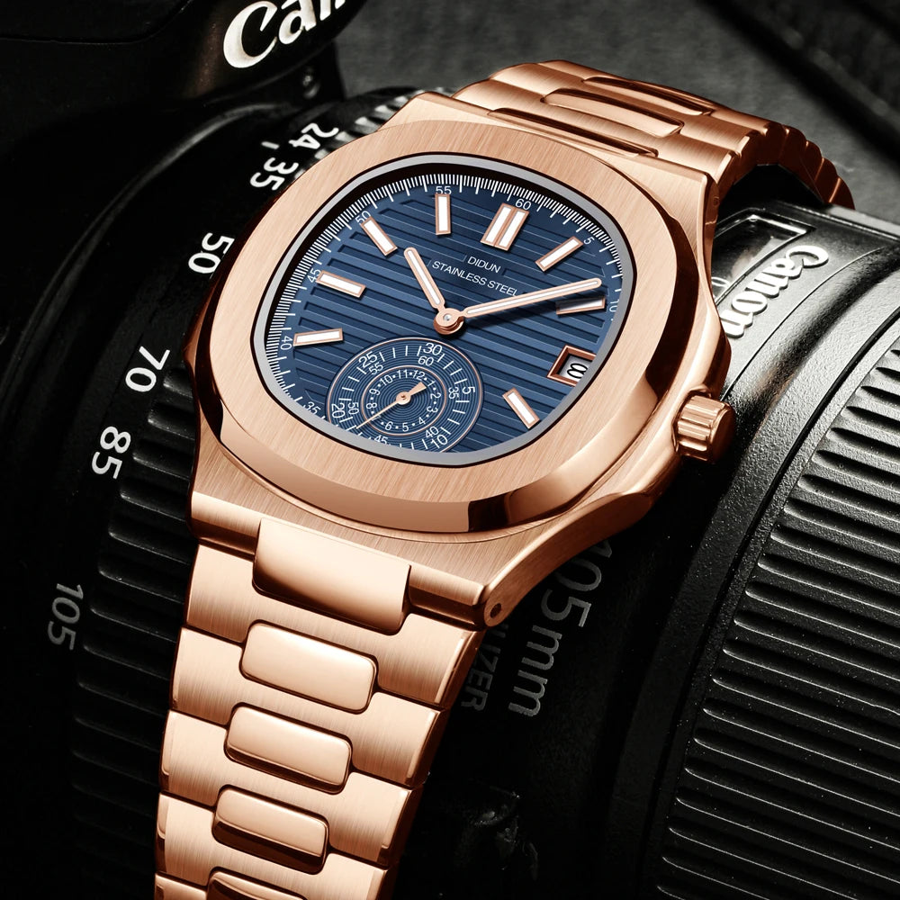 DIDUN Mens Watches Top Brand Luxury Business Stainless Watch Male Military Quartz Chronograph Analog Date Clock Steel Wristwatch