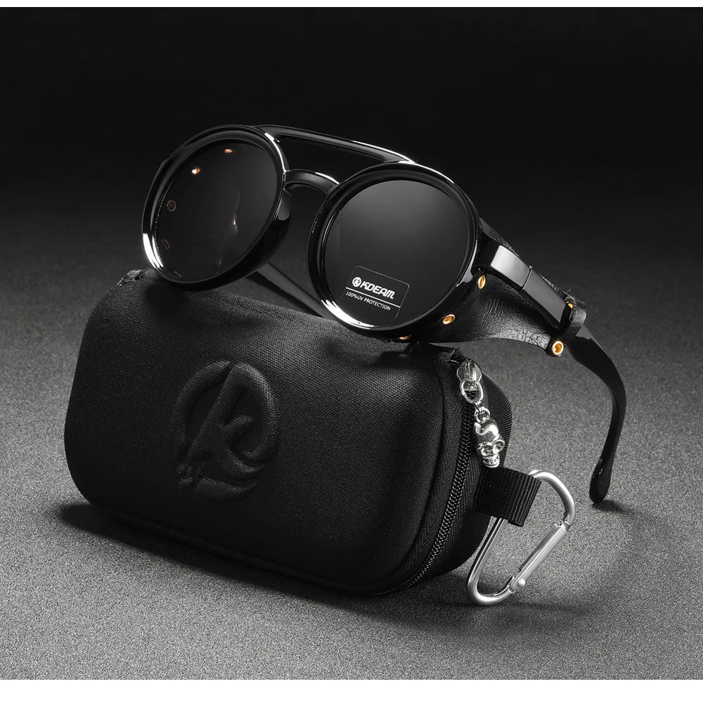 KDEAM Ochelari de soare rotunzi vintage pentru bărbați și femei, din piele, cu design tip „shield” și punte dublă, model KD179