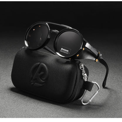 KDEAM Ochelari de soare rotunzi vintage pentru bărbați și femei, din piele, cu design tip „shield” și punte dublă, model KD179
