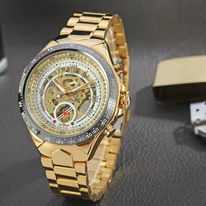 WINNER Men Gold Watches Automatic Mechanical Watch Male Skeleton Wristwatch Stainless Steel Band Luxury Brand Sports Design