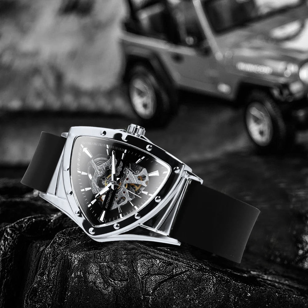Vyrų automatinis laikrodis „WINNER“, trikampio formos skeleto dizainas, šviečiantys rodyklės, guminė apyrankė, karinis stilius, prabangus mechaninis laikrodis