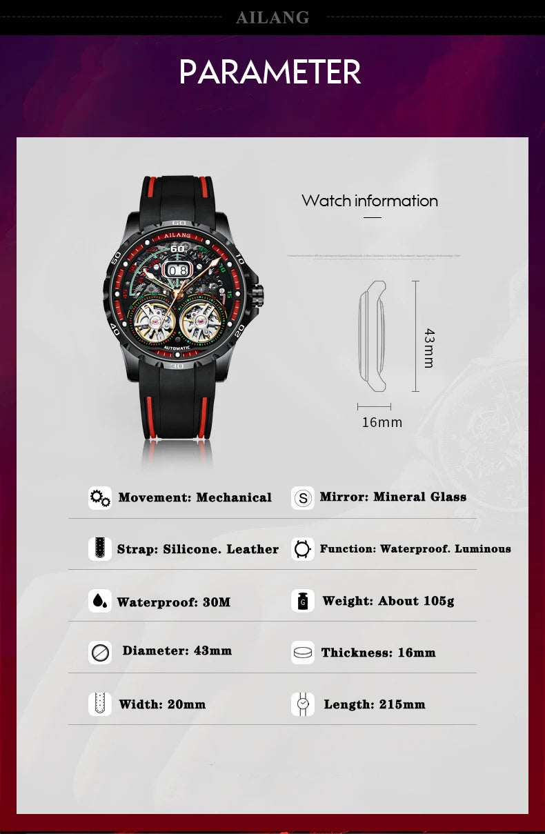 AILANG Super Cool Double Tourbillon Automatic Mechanical Watch Men Luxury Brand Luminous Waterproof Watches Men's Reloj Hombre