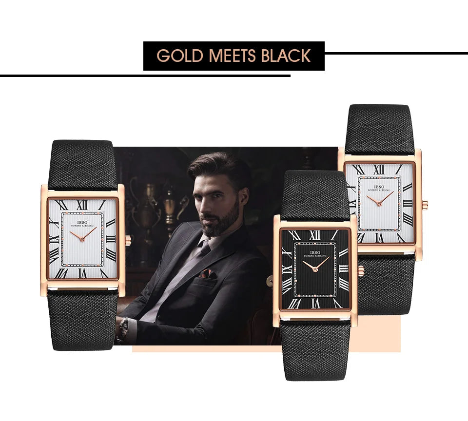 IBSO Ultra-Thin Rectangle Dial Men's Quartz Watch Luxury Business Style Genuine Leather Strap Waterproof New Men WristWatches