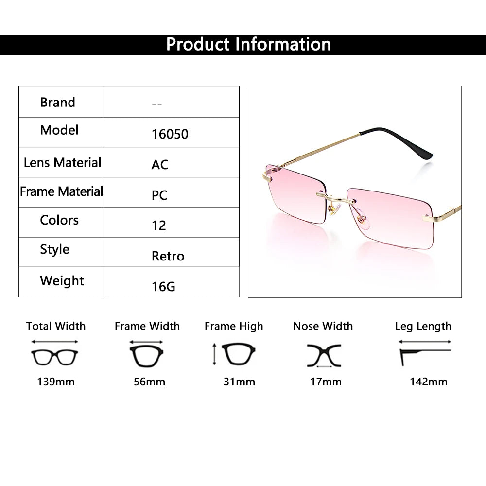 1 buc. Ochelari de soare mici, dreptunghiulari, fără ramă, la modă, pentru femei și bărbați, din aliaj metalic, cu lentile de sticlă, stil de călătorie, protecție UV400