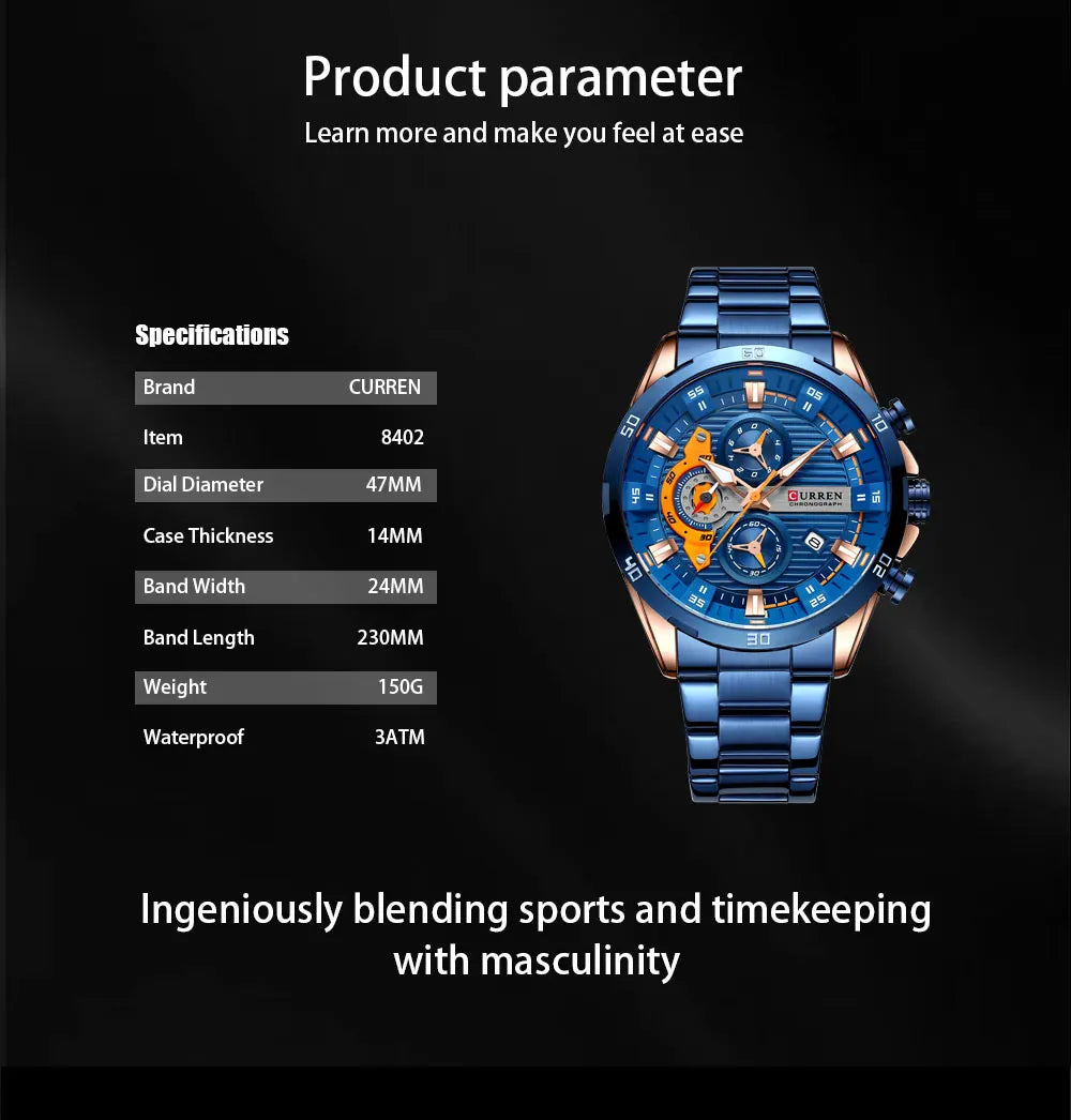 CURREN Men Watch Top Brand Luxury Sports Quartz Mens Watches Full Steel Waterproof Chronograph Wristwatch Men Relogio Masculino