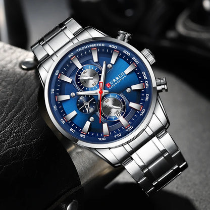 Curren Men's Watch Top Luxury Brand Big Dial Blue Quartz Men Watches Chronograph Sport Wristwatch Man Stainless Steel Date Clock