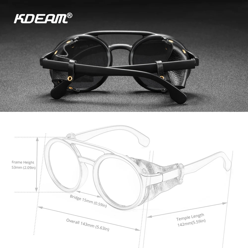 KDEAM Ochelari de soare rotunzi vintage pentru bărbați și femei, din piele, cu design tip „shield” și punte dublă, model KD179