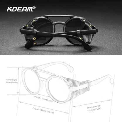 KDEAM Ochelari de soare rotunzi vintage pentru bărbați și femei, din piele, cu design tip „shield” și punte dublă, model KD179