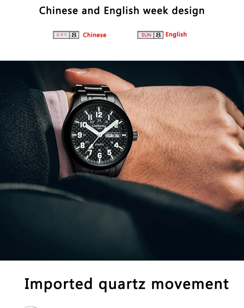 Orologio da uomo CARNIVAL Luxury Brand 8638 al quarzo, lancette luminose, impermeabile, in solido acciaio inossidabile