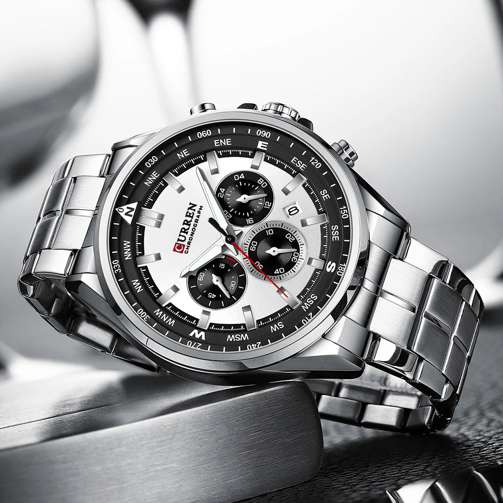 Herrenuhr CURREN – Trendige Uhr einer bekannten Marke, Luxusmodell, wasserdicht, aus Edelstahl, sportlicher Stil, Quarz-Chronograph