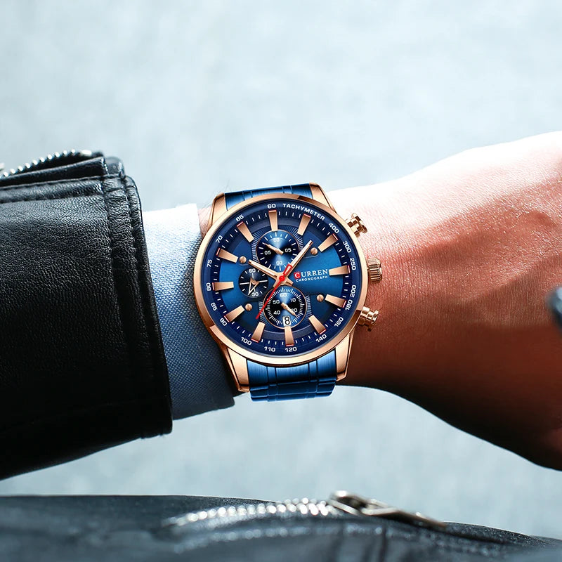 Curren Men's Watch Top Luxury Brand Big Dial Blue Quartz Men Watches Chronograph Sport Wristwatch Man Stainless Steel Date Clock