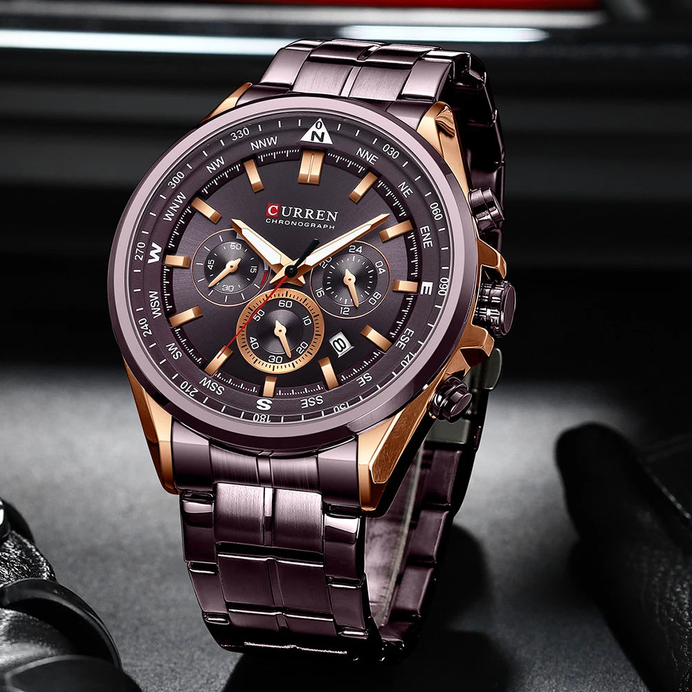 Herrenuhr CURREN – Trendige Uhr einer bekannten Marke, Luxusmodell, wasserdicht, aus Edelstahl, sportlicher Stil, Quarz-Chronograph