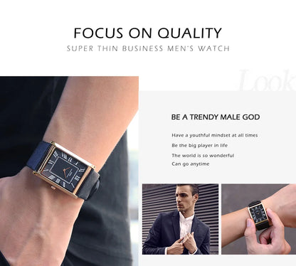 IBSO Ultra-Thin Rectangle Dial Men's Quartz Watch Luxury Business Style Genuine Leather Strap Waterproof New Men WristWatches