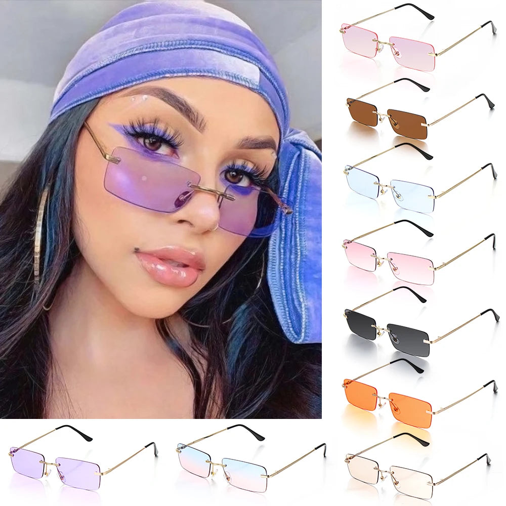 1 buc. Ochelari de soare mici, dreptunghiulari, fără ramă, la modă, pentru femei și bărbați, din aliaj metalic, cu lentile de sticlă, stil de călătorie, protecție UV400