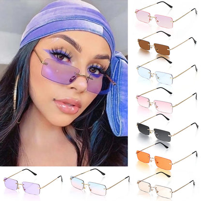 1 buc. Ochelari de soare mici, dreptunghiulari, fără ramă, la modă, pentru femei și bărbați, din aliaj metalic, cu lentile de sticlă, stil de călătorie, protecție UV400