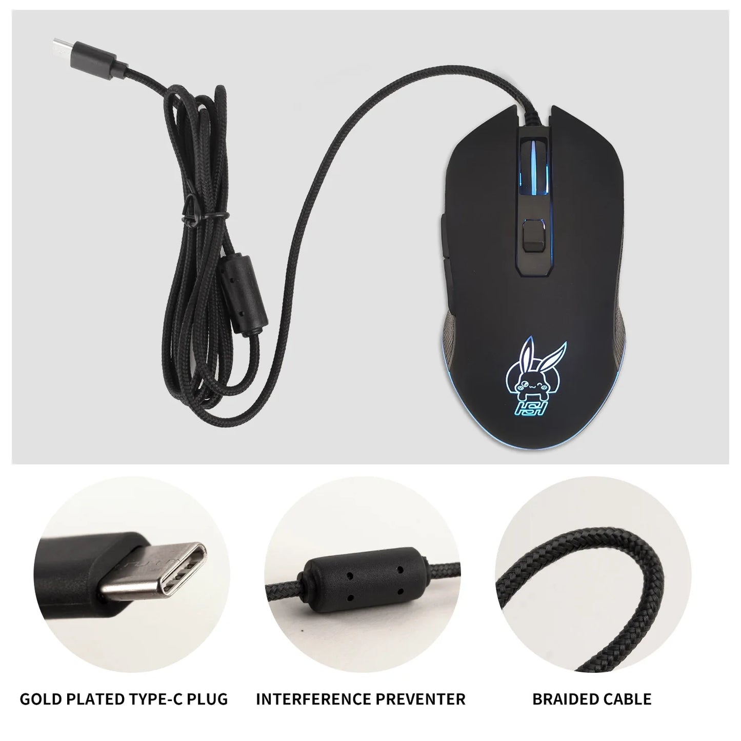 Цветна светеща мишка с USB-C и бутон за заглушаване за лаптоп с Type-C, геймърска мишка