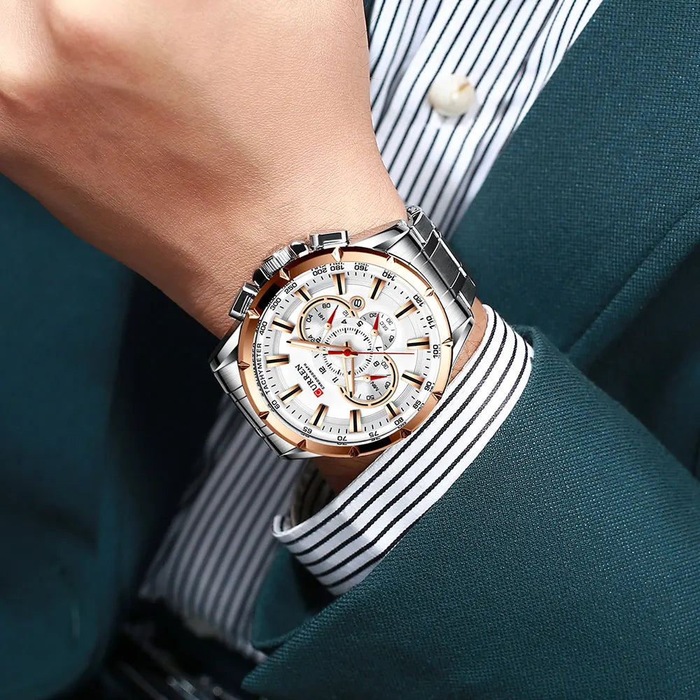 CURREN Business Herren-Armbanduhr, Luxusmarke, Edelstahl-Armbanduhr, Chronograph, Army Military Quarzuhren