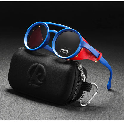 KDEAM Ochelari de soare rotunzi vintage pentru bărbați și femei, din piele, cu design tip „shield” și punte dublă, model KD179