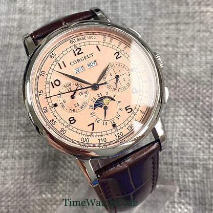 Corgeut Multi Functional Watch Automatic Mechanical Watch for Men 42mm Day Date Month Year Day/Night ST1655 Movt Polished Case