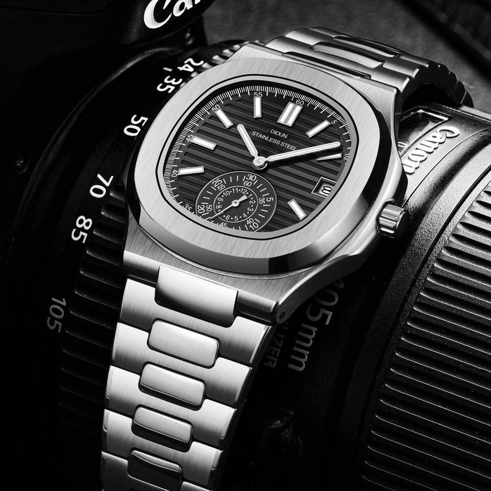 DIDUN Mens Watches Top Brand Luxury Business Stainless Watch Male Military Quartz Chronograph Analog Date Clock Steel Wristwatch