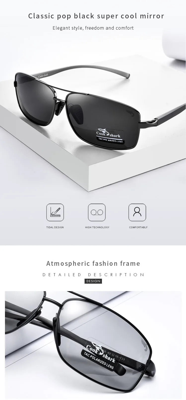 Cook Shark Ochelari de soare cu schimbare de culoare, model nou, pentru bărbați, cu polarizare Tidal, oglindă pentru șofer, ochelari de conducere cu vedere nocturnă