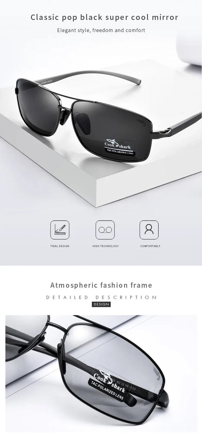 Cook Shark Ochelari de soare cu schimbare de culoare, model nou, pentru bărbați, cu polarizare Tidal, oglindă pentru șofer, ochelari de conducere cu vedere nocturnă