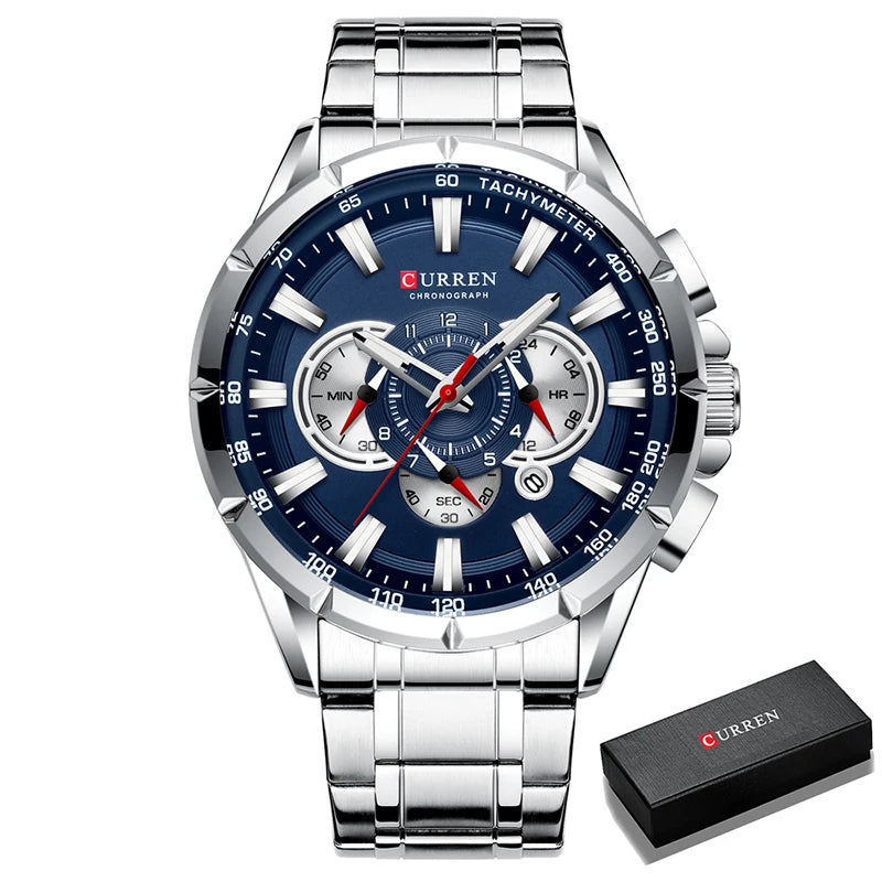CURREN Business Herren-Armbanduhr, Luxusmarke, Edelstahl-Armbanduhr, Chronograph, Army Military Quarzuhren