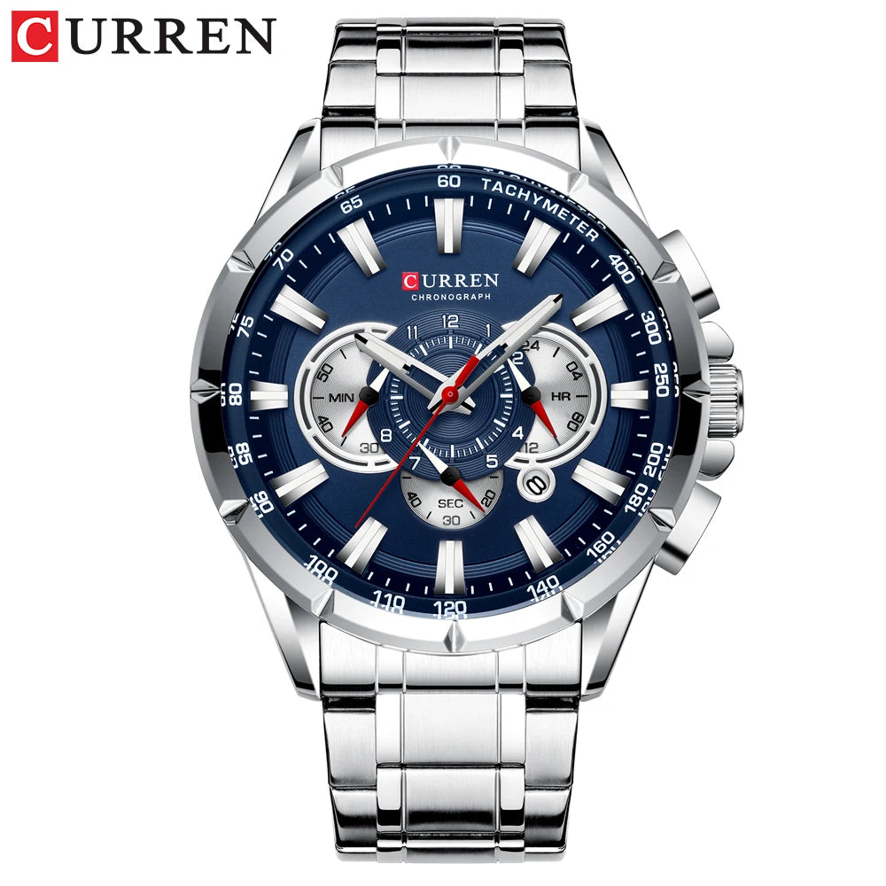 CURREN Business Herren-Armbanduhr, Luxusmarke, Edelstahl-Armbanduhr, Chronograph, Army Military Quarzuhren
