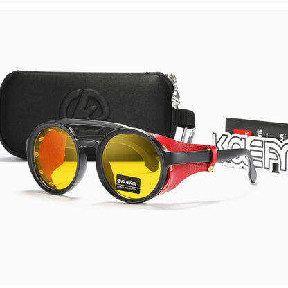 KDEAM Ochelari de soare rotunzi vintage pentru bărbați și femei, din piele, cu design tip „shield” și punte dublă, model KD179
