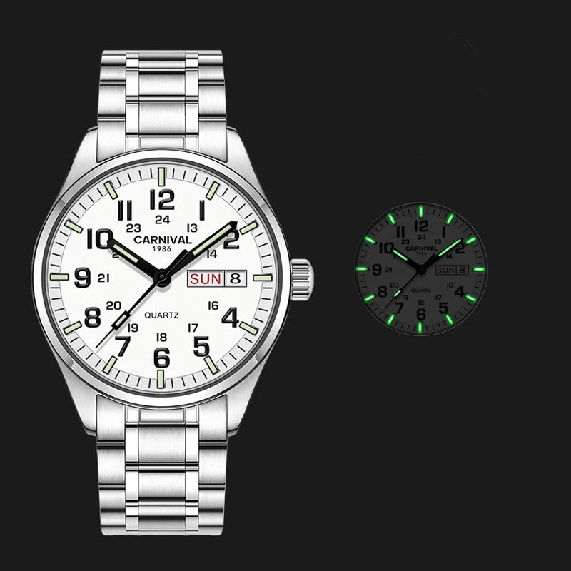Orologio da uomo CARNIVAL Luxury Brand 8638 al quarzo, lancette luminose, impermeabile, in solido acciaio inossidabile