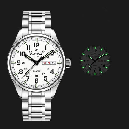 Orologio da uomo CARNIVAL Luxury Brand 8638 al quarzo, lancette luminose, impermeabile, in solido acciaio inossidabile