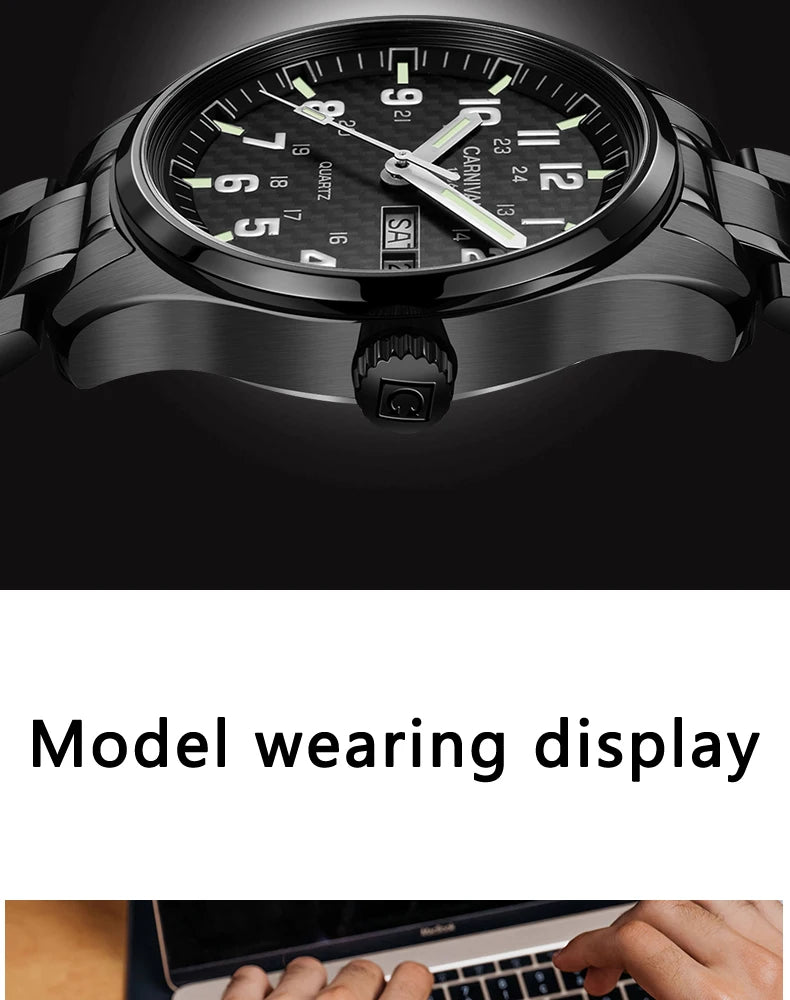 Orologio da uomo CARNIVAL Luxury Brand 8638 al quarzo, lancette luminose, impermeabile, in solido acciaio inossidabile