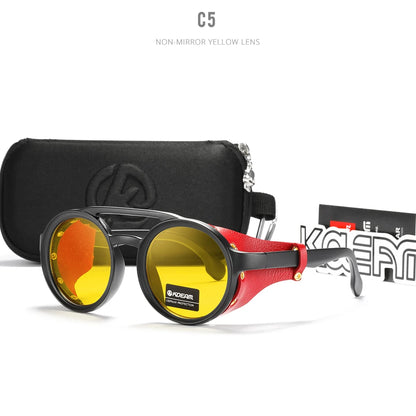 KDEAM Ochelari de soare rotunzi vintage pentru bărbați și femei, din piele, cu design tip „shield” și punte dublă, model KD179