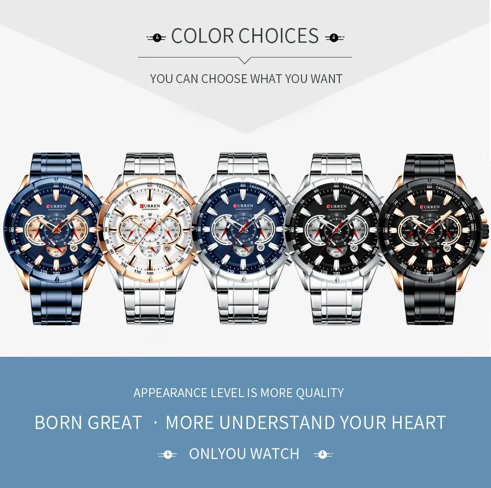 CURREN Business Herren-Armbanduhr, Luxusmarke, Edelstahl-Armbanduhr, Chronograph, Army Military Quarzuhren