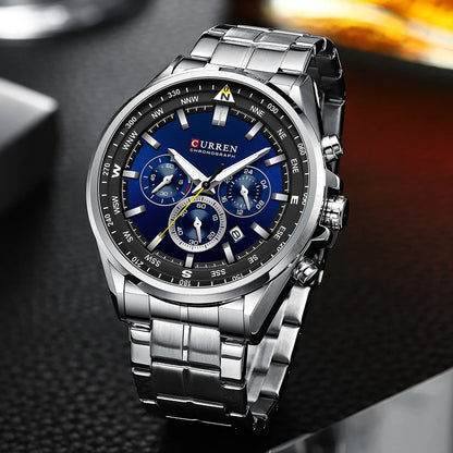 Herrenuhr CURREN – Trendige Uhr einer bekannten Marke, Luxusmodell, wasserdicht, aus Edelstahl, sportlicher Stil, Quarz-Chronograph