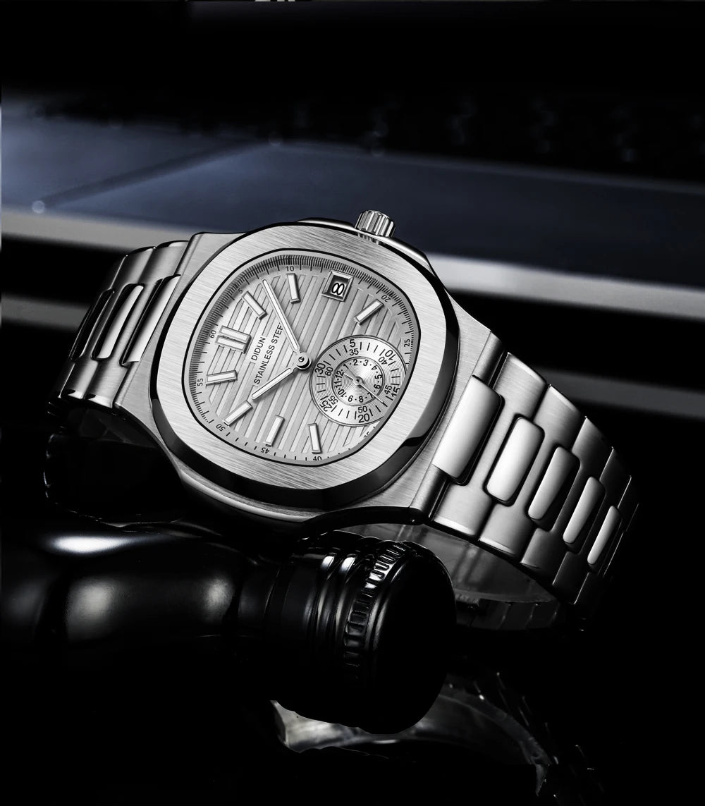 DIDUN Mens Watches Top Brand Luxury Business Stainless Watch Male Military Quartz Chronograph Analog Date Clock Steel Wristwatch