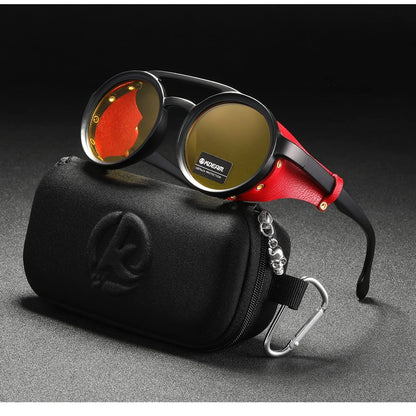 KDEAM Ochelari de soare rotunzi vintage pentru bărbați și femei, din piele, cu design tip „shield” și punte dublă, model KD179